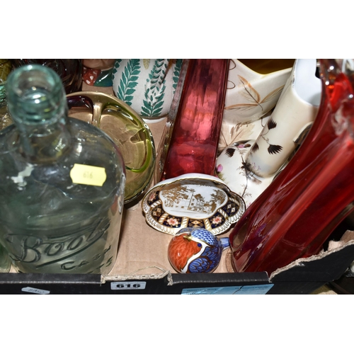 616 - TWO BOXES AND LOOSE CERAMICS AND GLASS ETC, to include a ruby red overlaid glass vase possibly by Eg... 