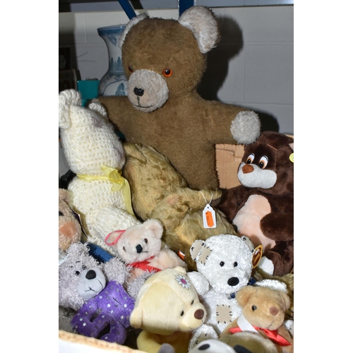 618 - A BOX OF SOFT TOYS, to include a vintage disc jointed teddy bear, non-jointed teddy bear, Bananas be... 