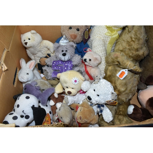 618 - A BOX OF SOFT TOYS, to include a vintage disc jointed teddy bear, non-jointed teddy bear, Bananas be... 