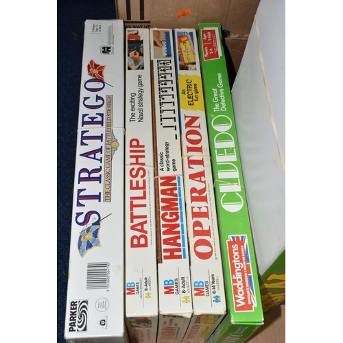 625 - TWO BOXES OF GAMES to include Test Match (contents appear incomplete) The Drinking Chess Set, Cluedo... 