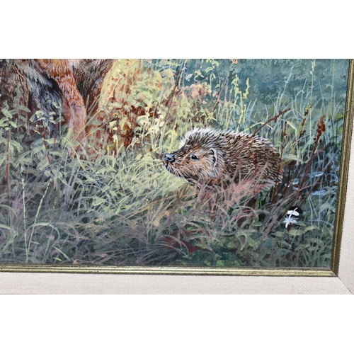 630 - DAVID FEATHER (1952-2005) A HARE AND HEDGEHOG IN A NATURAL SETTING, signed via a feather motif botto... 