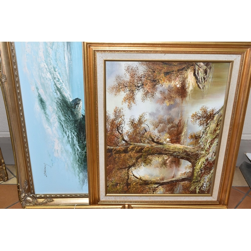 633 - SEVEN LATE 20TH CENTURY LANDSCAPE PAINTINGS, comprising two river landscapes signed C. Innes, oils o... 