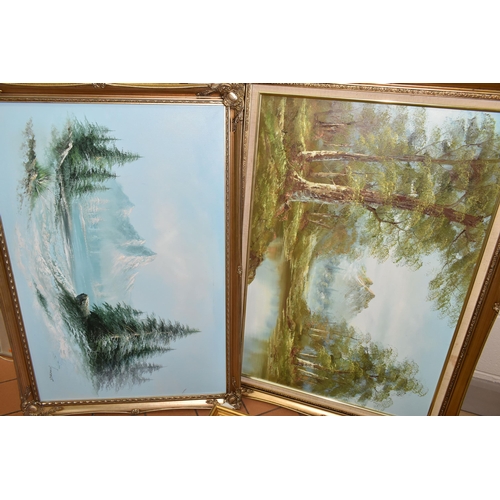 633 - SEVEN LATE 20TH CENTURY LANDSCAPE PAINTINGS, comprising two river landscapes signed C. Innes, oils o... 