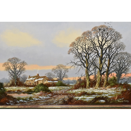 641 - A SMALL QUANTITY OF PAINTINGS AND PRINTS, to include Vincent Selby (1919-2004) a winter landscape wi... 