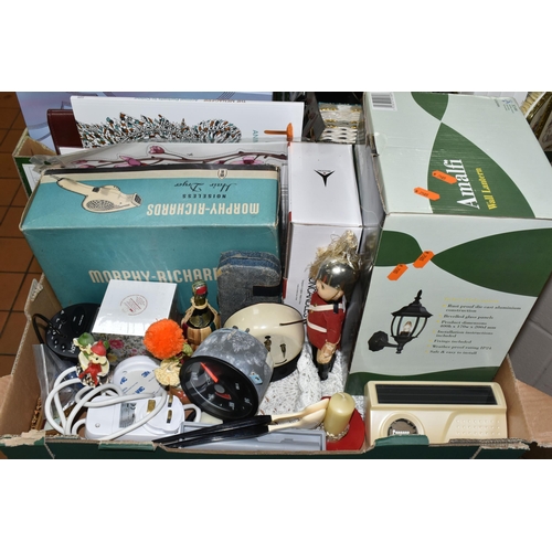 643 - THREE BOXES OF COSMETICS AND SUNDRY MODERN AND VINTAGE HOMEWARES, to include a boxed partial Ghost f... 