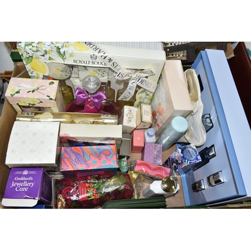 643 - THREE BOXES OF COSMETICS AND SUNDRY MODERN AND VINTAGE HOMEWARES, to include a boxed partial Ghost f... 