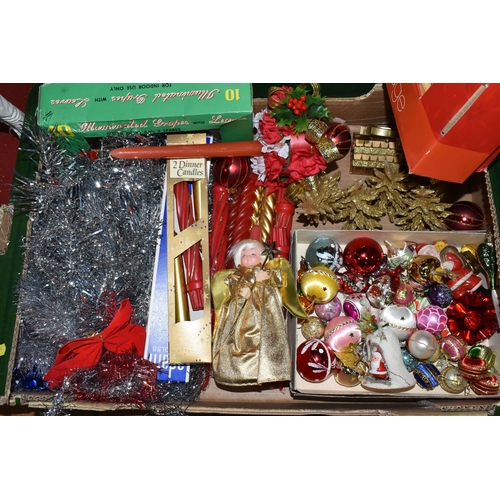 649 - TWO BOXES OF ASSORTED CHRISTMAS DECORATIONS, to include baubles, tinsel, candles, assorted ornaments... 