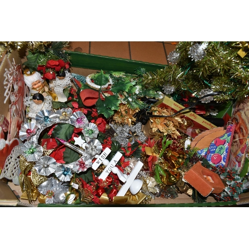 649 - TWO BOXES OF ASSORTED CHRISTMAS DECORATIONS, to include baubles, tinsel, candles, assorted ornaments... 