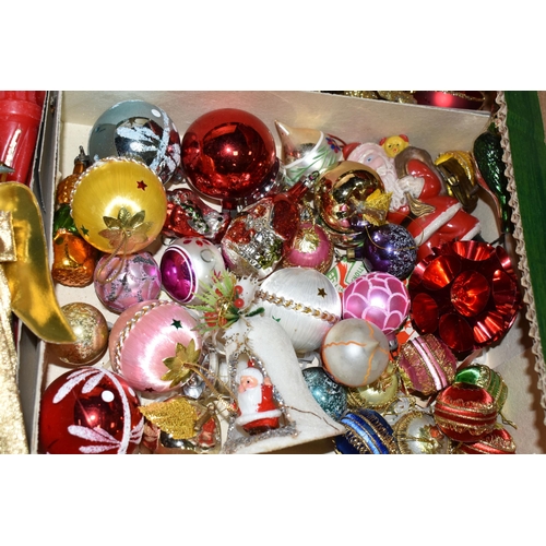 649 - TWO BOXES OF ASSORTED CHRISTMAS DECORATIONS, to include baubles, tinsel, candles, assorted ornaments... 