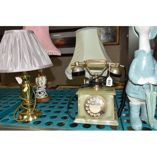 652 - TABLE LAMPS, ORNAMENTS AND TELEPHONE ETC, to include a copper and brass oil lamp with shade and chim... 