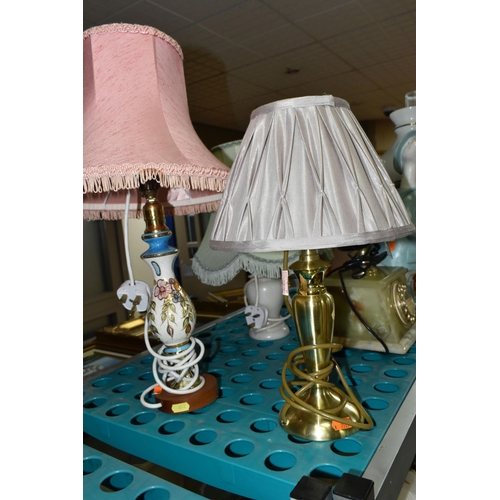 652 - TABLE LAMPS, ORNAMENTS AND TELEPHONE ETC, to include a copper and brass oil lamp with shade and chim... 