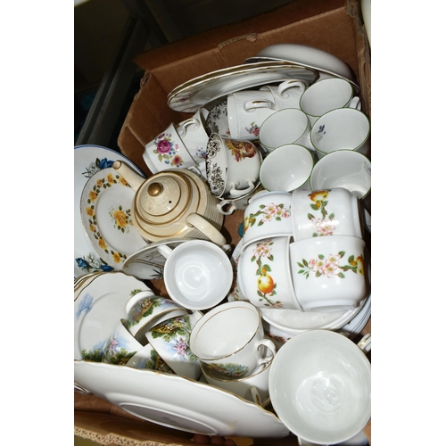 653 - SIX BOXES OF ASSORTED CERAMICS AND GLASS ETC, to include Royal Vale cottage garden style part dinner... 