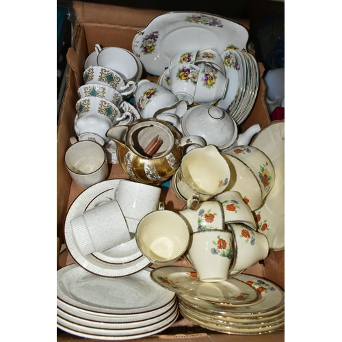 653 - SIX BOXES OF ASSORTED CERAMICS AND GLASS ETC, to include Royal Vale cottage garden style part dinner... 