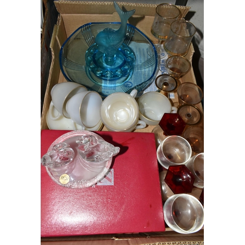 653 - SIX BOXES OF ASSORTED CERAMICS AND GLASS ETC, to include Royal Vale cottage garden style part dinner... 