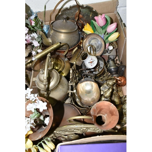 656 - A BOX AND LOOSE METAL WARES, to include two copper and brass jugs, a copper planter with embossed fl... 