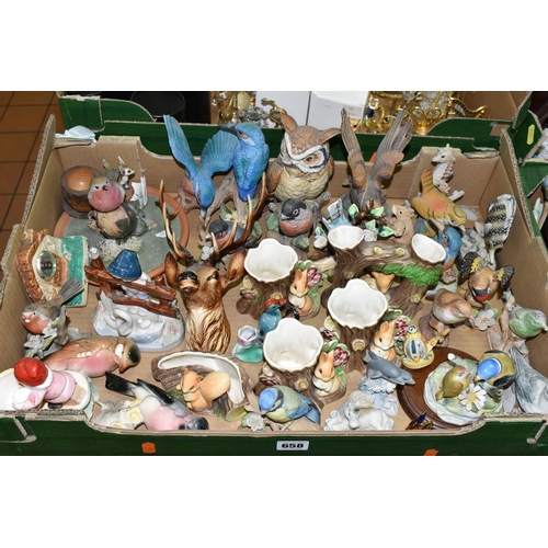 658 - FIVE BOXES OF CERAMICS AND OTHER ORNAMENTS, to include Hornsea Fauna vases, a Royal Adderley Blue Ti... 