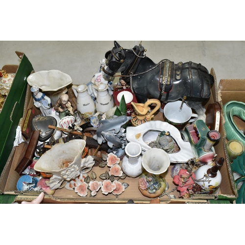 658 - FIVE BOXES OF CERAMICS AND OTHER ORNAMENTS, to include Hornsea Fauna vases, a Royal Adderley Blue Ti... 