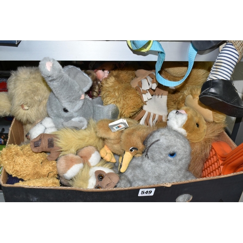 549 - A QUANTITY OF ASSORTED TOYS, to include boxed Chad Valley wooden train set, modern soft toys includi... 