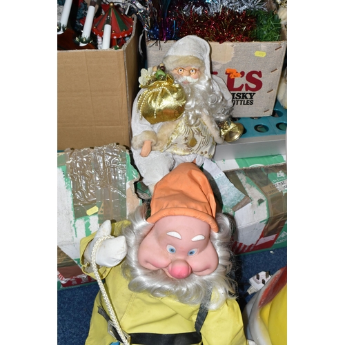 550 - THREE BOXES OF CHRISTMAS DECORATIONS, to include a large plastic floor standing  illuminated Santa C... 