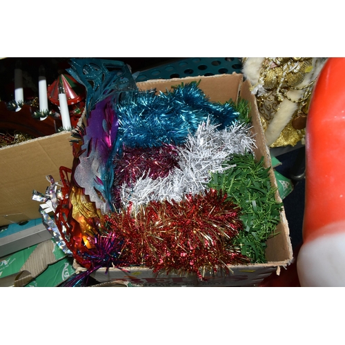 550 - THREE BOXES OF CHRISTMAS DECORATIONS, to include a large plastic floor standing  illuminated Santa C... 