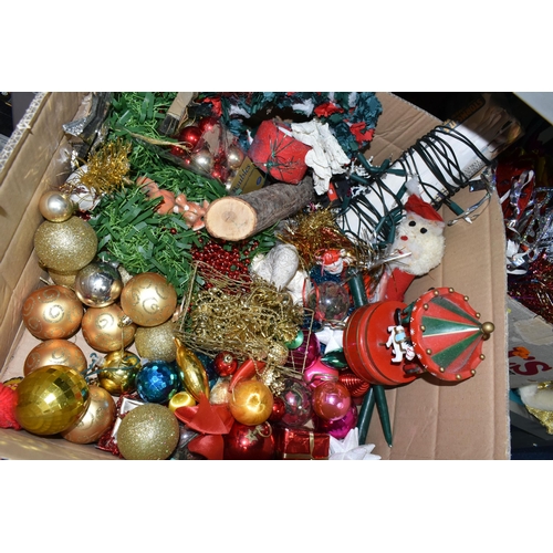 550 - THREE BOXES OF CHRISTMAS DECORATIONS, to include a large plastic floor standing  illuminated Santa C... 