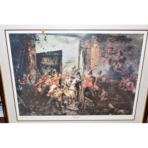 660 - THREE PRINTS DEPICTING HISTORIC BRITISH BATTLE SCENES AND JAEGER - FRAMED AND LOOSE EPHEMERA, compri... 