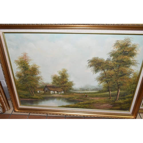 664 - FIVE LATE 20TH CENTURY LANDSCAPE PAINTINGS, comprising four signed P. Wilson, largest approximately ... 