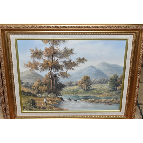 664 - FIVE LATE 20TH CENTURY LANDSCAPE PAINTINGS, comprising four signed P. Wilson, largest approximately ... 