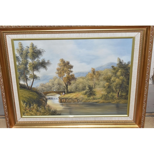 664 - FIVE LATE 20TH CENTURY LANDSCAPE PAINTINGS, comprising four signed P. Wilson, largest approximately ... 