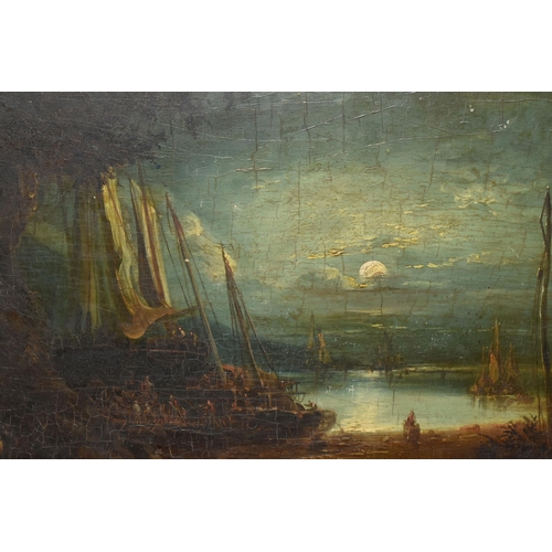 682 - A 19TH CENTURY MOONLIT COASTAL SCENE, depicting a ship and tenders on the shoreline, figures are loa... 