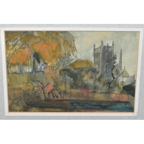 687 - GWILYM PRITCHARD (WELSH 1931-2015) HEREFORD CATHEDRAL,viewed from the river, signed lower left, mixe... 