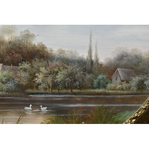 690 - JOHNNY GASTON (BRITISH 1955) A MODERN 19TH CENTURY STYLE RIVER LANDSCAPE, depicting a village behind... 