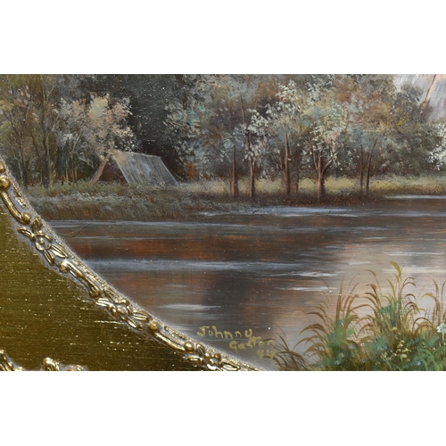 690 - JOHNNY GASTON (BRITISH 1955) A MODERN 19TH CENTURY STYLE RIVER LANDSCAPE, depicting a village behind... 