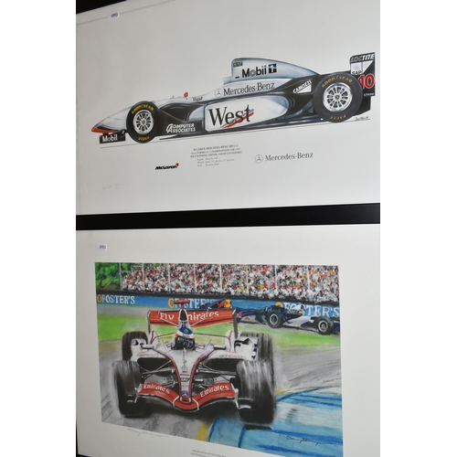 691 - SIX PAINTINGS AND PRINTS, comprising four Formula 1 motor racing prints, Barry Bowyer 'Melbourne Gra... 