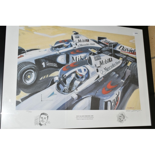 691 - SIX PAINTINGS AND PRINTS, comprising four Formula 1 motor racing prints, Barry Bowyer 'Melbourne Gra... 