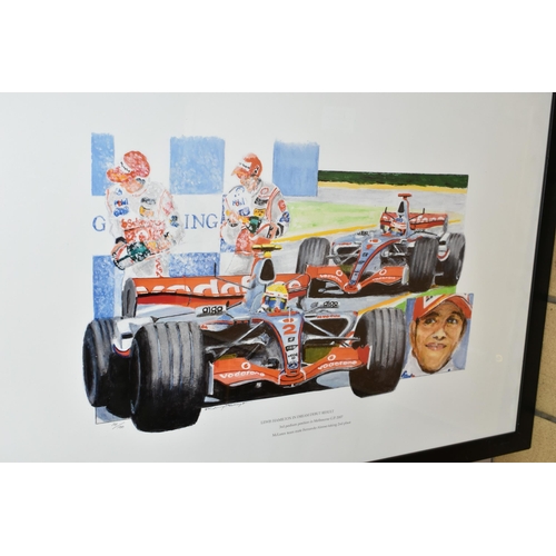 691 - SIX PAINTINGS AND PRINTS, comprising four Formula 1 motor racing prints, Barry Bowyer 'Melbourne Gra... 