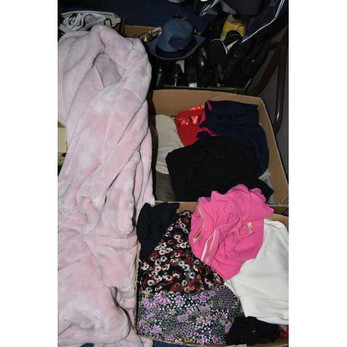 692 - SEVEN BOXES AND LOOSE LADIES' AND MEN'S CLOTHING AND ACCESSORIES, to include coats, jackets, suits, ... 