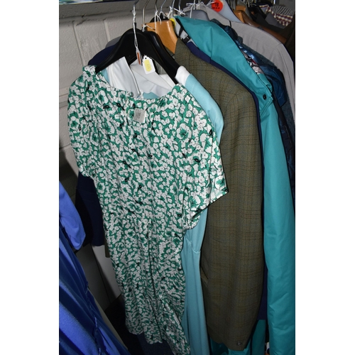 694 - FOUR BOXES AND LOOSE LADIES' CLOTHING AND ACCESSORIES, to include coats, jackets, a vintage wedding ... 