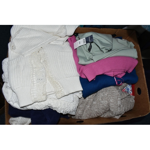 694 - FOUR BOXES AND LOOSE LADIES' CLOTHING AND ACCESSORIES, to include coats, jackets, a vintage wedding ... 