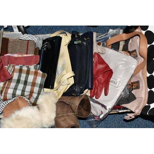 694 - FOUR BOXES AND LOOSE LADIES' CLOTHING AND ACCESSORIES, to include coats, jackets, a vintage wedding ... 