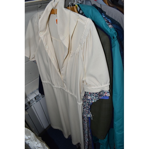 694 - FOUR BOXES AND LOOSE LADIES' CLOTHING AND ACCESSORIES, to include coats, jackets, a vintage wedding ... 