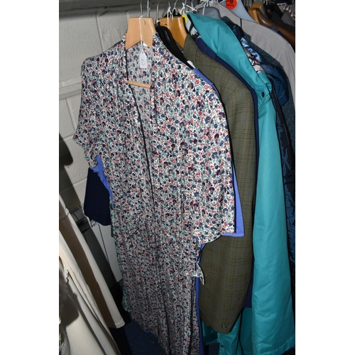 694 - FOUR BOXES AND LOOSE LADIES' CLOTHING AND ACCESSORIES, to include coats, jackets, a vintage wedding ... 