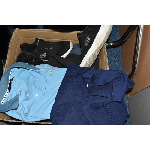 695 - A BOX AND LOOSE MEN'S CLOTHING, to include coats, jackets, an Aston Villa fleece, shoes, knitwear an... 