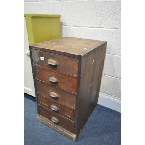 1425 -  A STAINED PINE CHEST OF FIVE DRAWERS, width 43cm x depth 54cm x height 74cm, a painted panel single... 