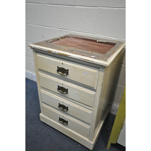 1425 -  A STAINED PINE CHEST OF FIVE DRAWERS, width 43cm x depth 54cm x height 74cm, a painted panel single... 