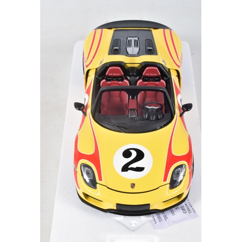 20 - A BOXED LIMITED EDITION MINICHAMPS PORSCHE 918 SPIDER 2015 1:18 SCALE MODEL VEHICLE, numbered 110 06... 