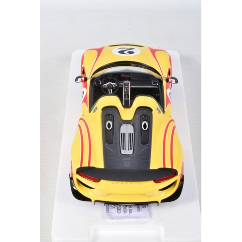 20 - A BOXED LIMITED EDITION MINICHAMPS PORSCHE 918 SPIDER 2015 1:18 SCALE MODEL VEHICLE, numbered 110 06... 