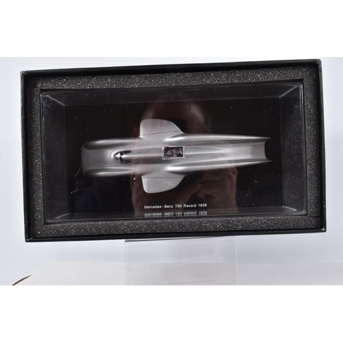 22 - A BOXED SPARK MERCEDES BENZ T80 RECORD 1939 MODEL, numbered S1034, housed in a perspex box on a blac... 