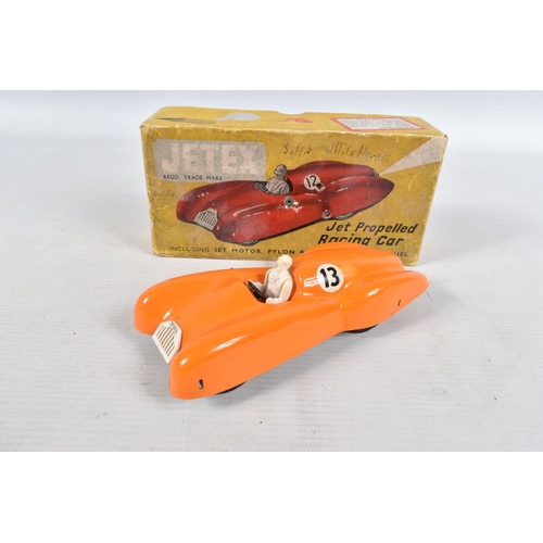 44 - TWO BOXED JETEX RACING CARS, not tested, one in yellow/orange with RN13, the other blue with RN16, N... 