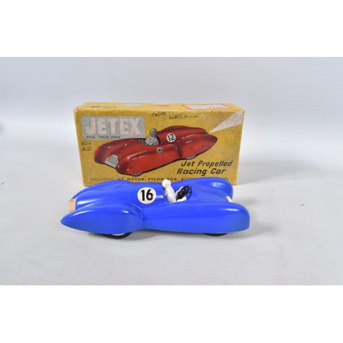 44 - TWO BOXED JETEX RACING CARS, not tested, one in yellow/orange with RN13, the other blue with RN16, N... 